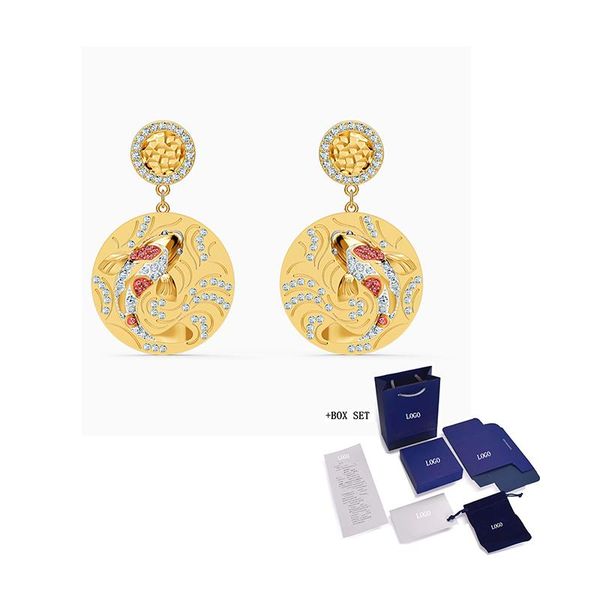 

fashion jewelry swa shine fish pierced earrings, exquisite coin shape and small koi gold-plated chain, luxury for wo stud, Golden;silver