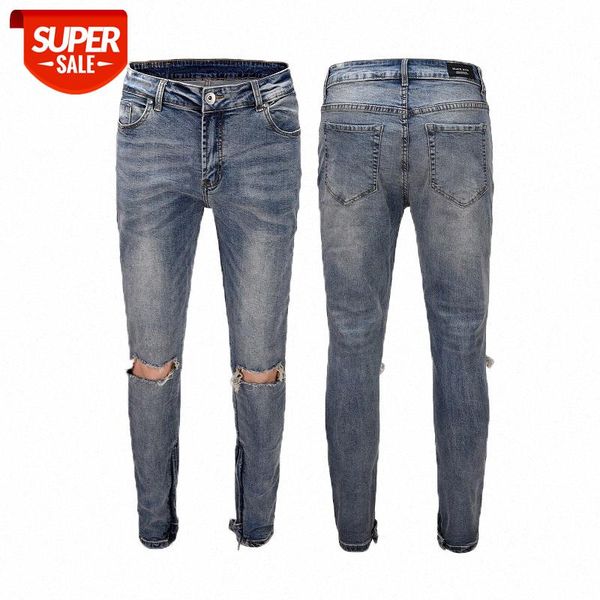 

knee cut out and ripped trousers button zipper blue washed slim stretch men's jeans #si5k
