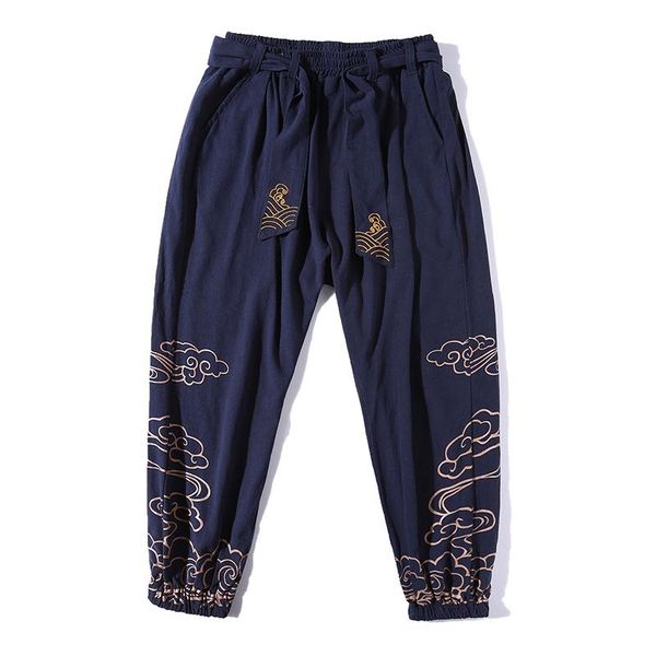 

chinese style summer large size loose cotton and linen hanfu embroidery trousers men's bloomers hosen herren pants, Black