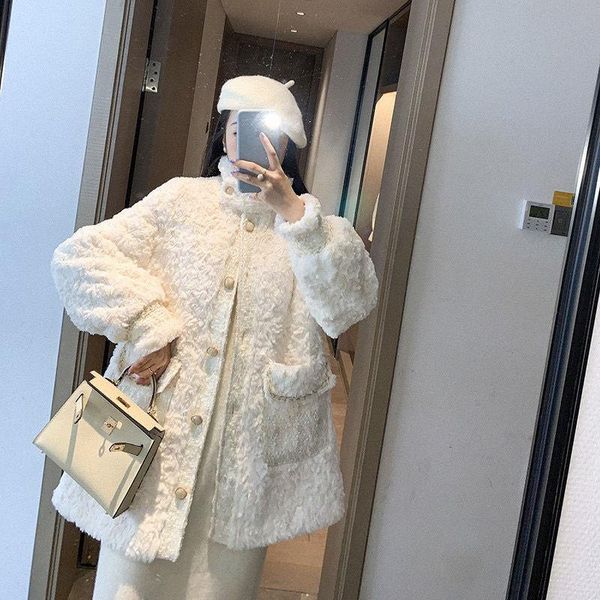 

women's fur & faux coat winter fashion warm white lamb jacket female long sleeve loose furry artificial overcoat n293, Black