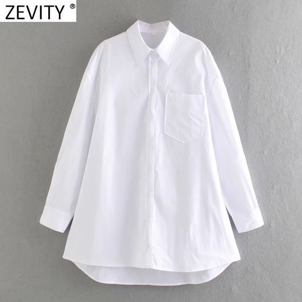 

zevity women fashion single pocket oversize white smock blouse female long sleeve kimono shirts chic blusas ls7656 210419