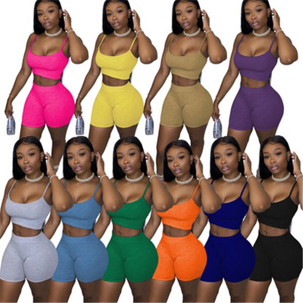 

summer women tracksuits 2 piece sets shorts outfits fashion casual solid color slim sling vest short pants suits female sportswear plus siz, Gray