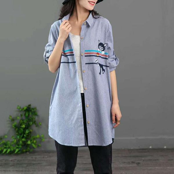 

women's blouses & shirts ubetoku 2021 autumn winter women cotton linen blouse lad long sleeve stripe dog embroidery clothing, White