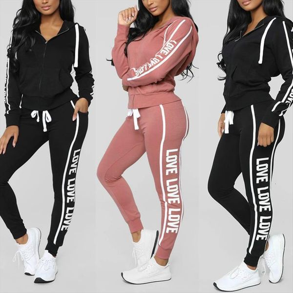 

tracksuit 2 piece set sweat womenpant suit solid color hooded long sleeve zipper letter sweatshirt 6, White