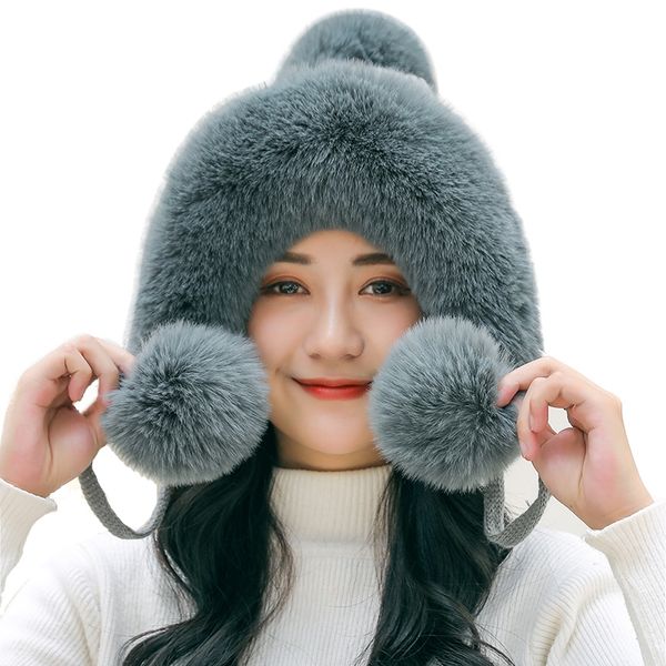 

woman autumn winter mink knit bomber hat thick female fluffy pompom outdoor warm windproof earflap trapper snow ski caps, Blue;gray