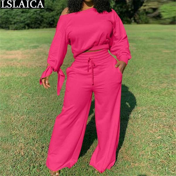 

two-piece suit fashion plus size autumn winter 2 piece set women outfit lounge wear long sleeve crop wide leg pants sets 211126, White