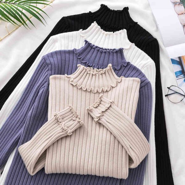 

women's sweaters half turtleneck knitted women pullover winter korean solid long sleeve jumpers ladies wooden ear casual fs3g, White;black