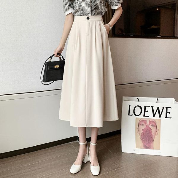 

skirts womens 2021 summer office lady elastic waist a-line black elegant overalls midi suit women's skirt jupe femme