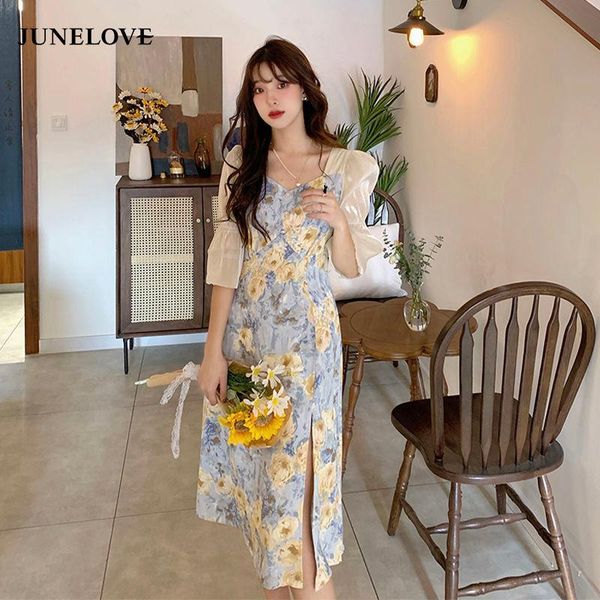 

casual dresses junelove summer elegant floral dress women french vintage split designer sleeve party midi 2021, Black;gray