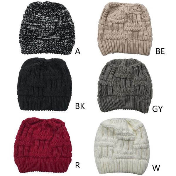 

beanies women winter chunky plaid knitted beanie hat with ponytail hole high messy bun solid color stretch skull cap ear warmer