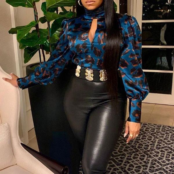 

elegant turtleneck satin silk blouse women 2021 leopard print lady hollow out long lantern sleeve shirt blouses women's & shirts, White