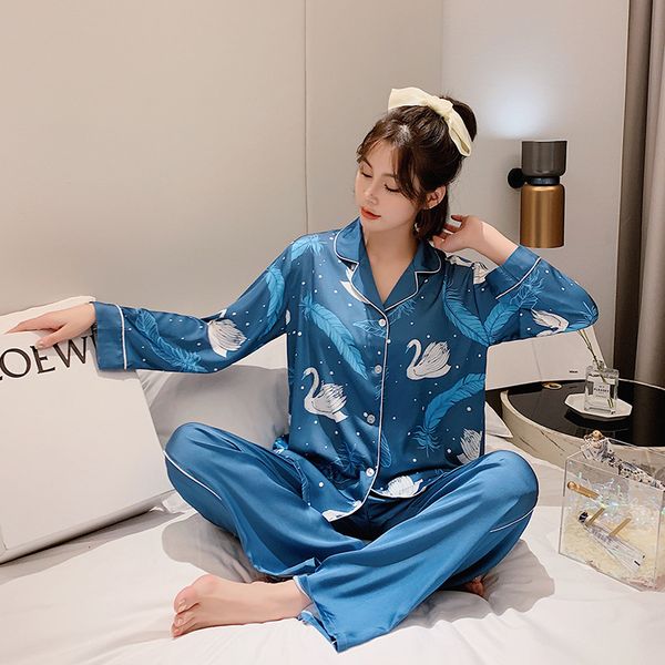 

women's sleepwear ice silk pajamas summer long sleeve thin fashion two-piece suit print pyjamas 48pb, Black;red