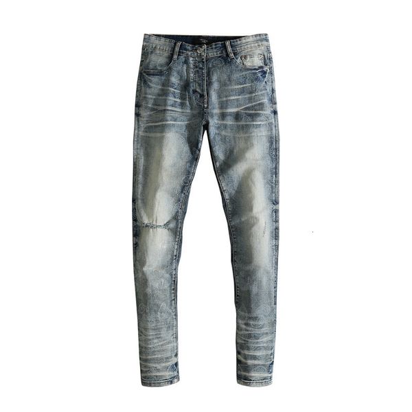 

am new fashion brand tight camouflage hole high street slim fitting jeans, Blue