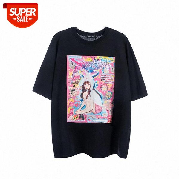 

japanese style hip-hop simple high street print t-shirt trendy loose cute bunny girl short-sleeved tee male #ex1a, White;black