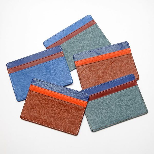 

card holders women ultra thin simple holder men mini real cow leather business case slim colorful slots id cover, Brown;gray