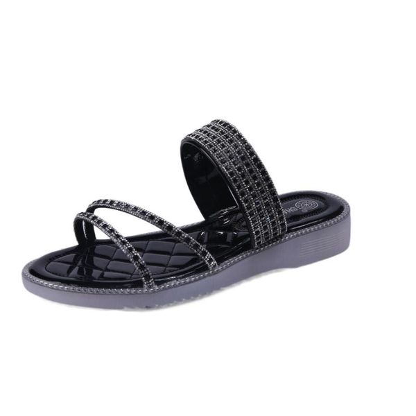 

casual women's slippers fashion all-match rhinestone decoration trend open-toed elegant simple 2021, Black