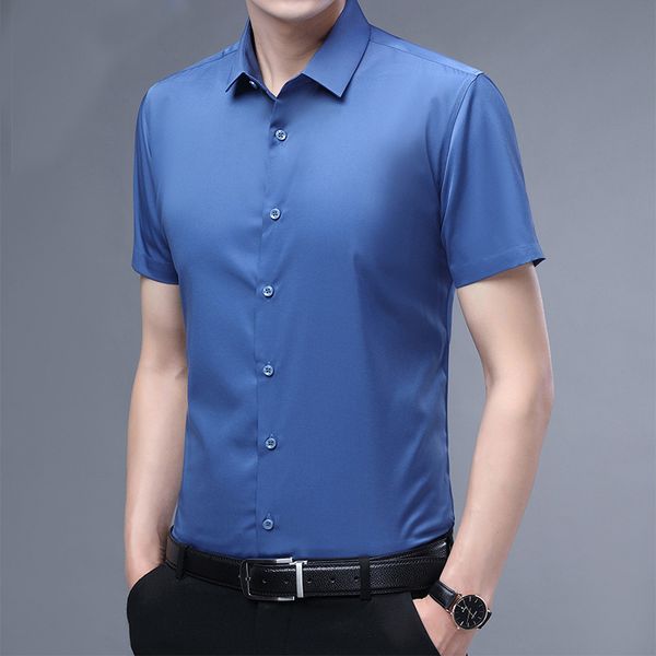 

blue shirts men casual short sleeve superfine fiber mens shirt slim business work camisas solid chemise homme 12+color 210524, White;black