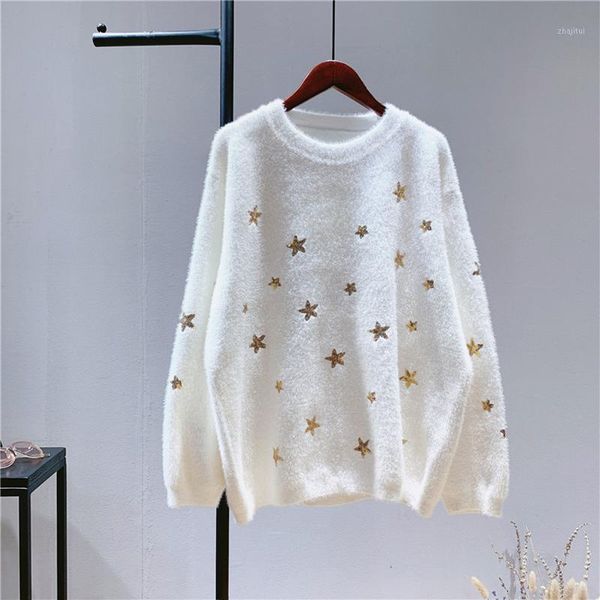 

women's sweaters oversized star sequin embroidery imitation mink pullover sweater women autumn winter korean lazy, White;black