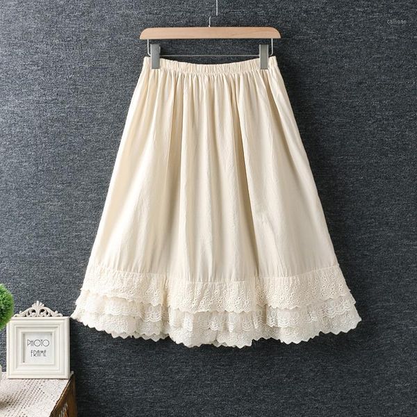 

skirts spring summer mori girl sweet skirt women solid color elastic waist lace embroidery loose female kawaii cotton u009, Black