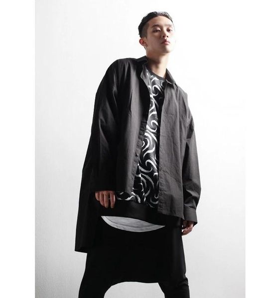 

men's casual shirts fashion trend long asymmetric hem sleeve solid color shirt, White;black