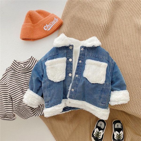 

jackets 2021 winter girls denim jeans thick fleece lapel collar warm outerwear children kids casual coats casaco, Blue;gray