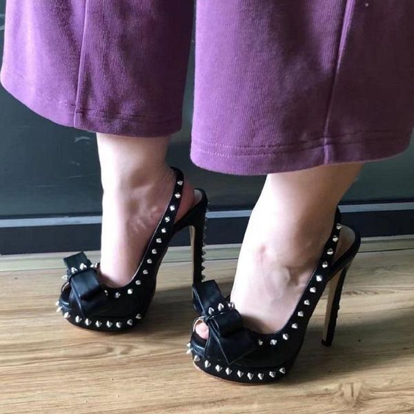 

sandals fashion high heels women summer pumps peep toe bowknot rivet platform stiletto catwalk shoe thin heel pump sandalias, Black
