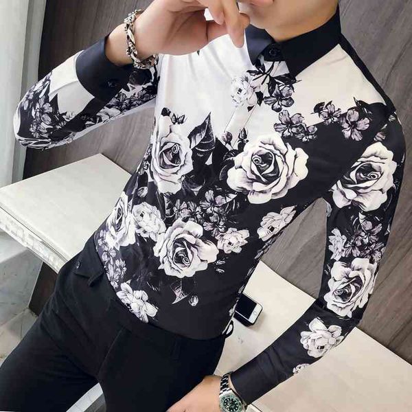 

rose shirt men designer shirt patterns ropa de hombre button up men long sleeve slim fit wedding shirt men club party 210708, White;black