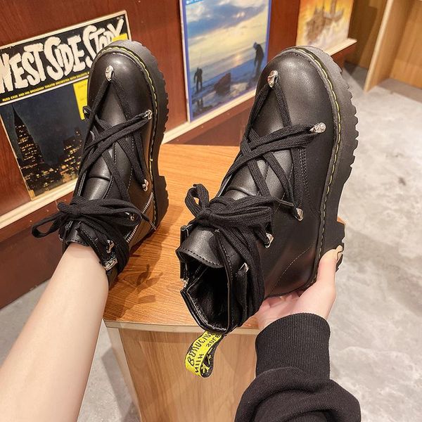 

boots women's ankle lace-up zipper-sid sewing flat platform plush in female shoes warmest office lady non-slip women, Black