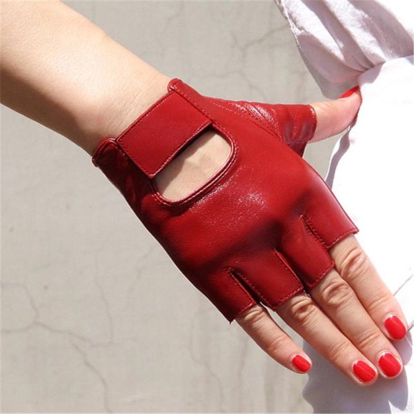 

fingerless gloves genuine leather pure sheepskin white red semi-fingers motor street dance rock punk half finger woman tb74, Blue;gray