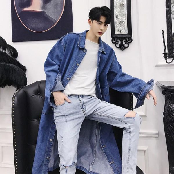 

men's trench coats fashion women long denim coat casual streetwear autumn loose fit jeans single breasted windbreaker cowboy, Tan;black
