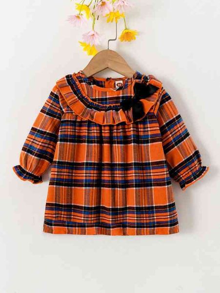 

baby tartan print ruffle trim bow front flounce sleeve dress she, Red;yellow