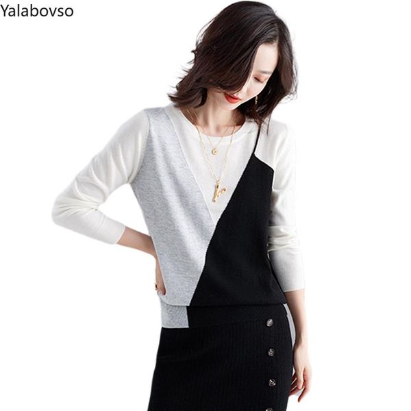 

women's sweaters v neck wear winter design feel round collar color patchwork loose fashion casual knitted shirt for women z3, White;black