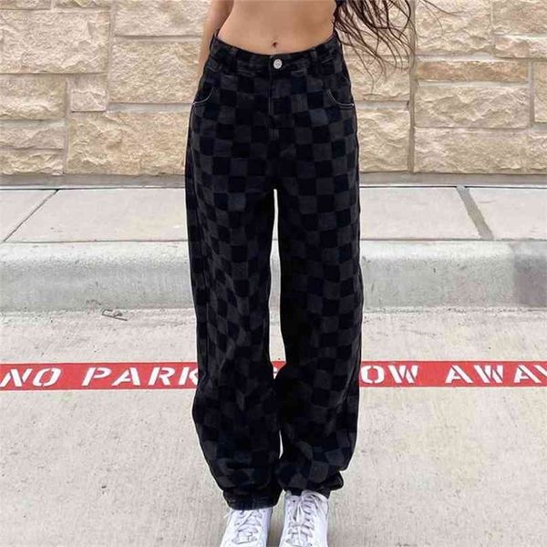 

harajuku jeans women patchwork female streetwear checkered korean style wide leg pants straight plaid trousers 210922, Blue