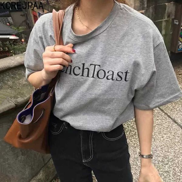Korejpaa Frauen T-Shirt Sommer Koreanische Chic Mädchen Einfache Vielseitige Rundhals Lose Lässige Gedruckt Buchstaben Kurzarm Top 210526