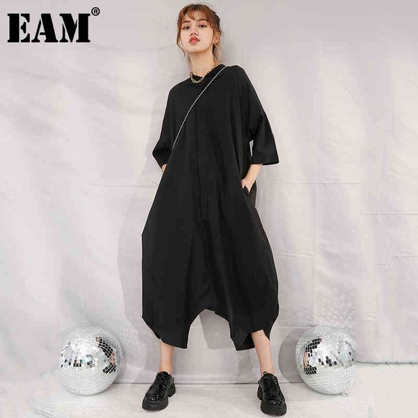 

[eam] loose fit women black big size long jumpsuit high waist pocket stitch pants fashion spring autumn ya11601 210512, Black;white