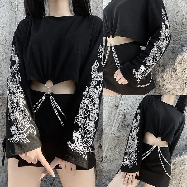 

dragon printing long sleeve gothic t-shirts punk loose black with chain o-neck women autumn crop women's t-shirt, White