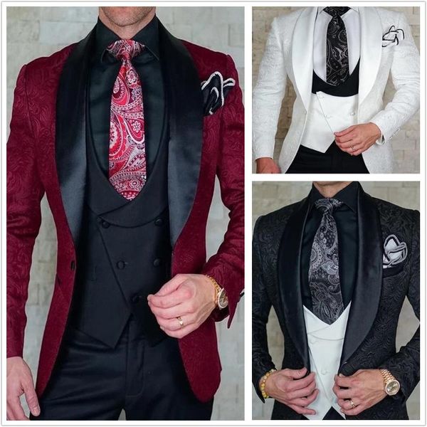 

men's suits & blazers formal 2021 tailor-made burgundy tuxedo groom for men wedding slim fit vest prom jacquard blazer 3pcs, White;black
