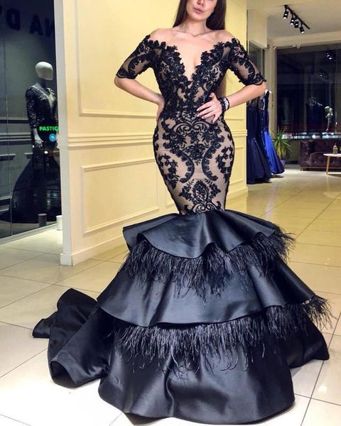 

gorgeous black prom dresses lace applique mermaid formal evening dress crystal beads feather tierd skirt pageant dress robe de mariÃ©e, Black;red
