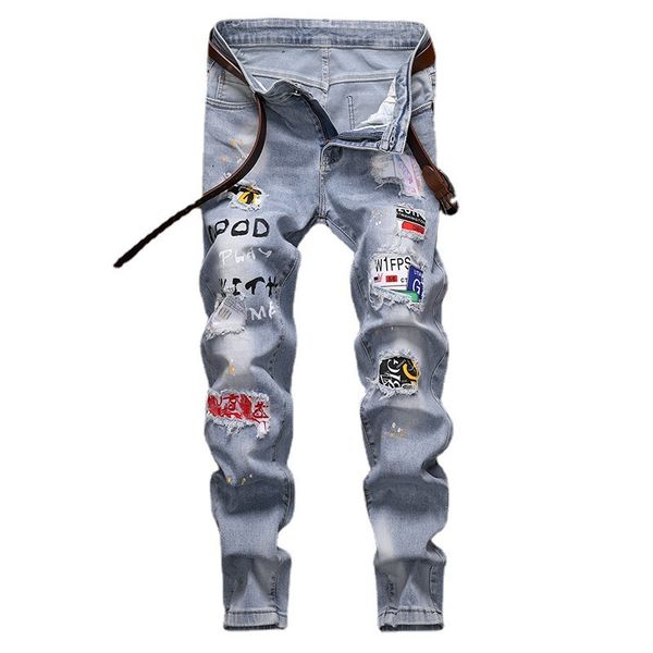 

fashion jeans stretch 2021 summer men's print label trendy brand youth legged, Blue