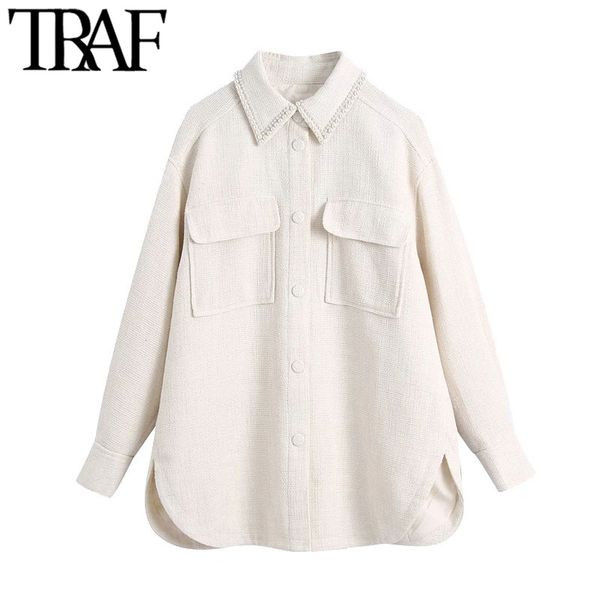 

traf women fashion faux pearl beading loose tweed jacket coat vintage long sleeve button-up female outerwear chic 210415, White