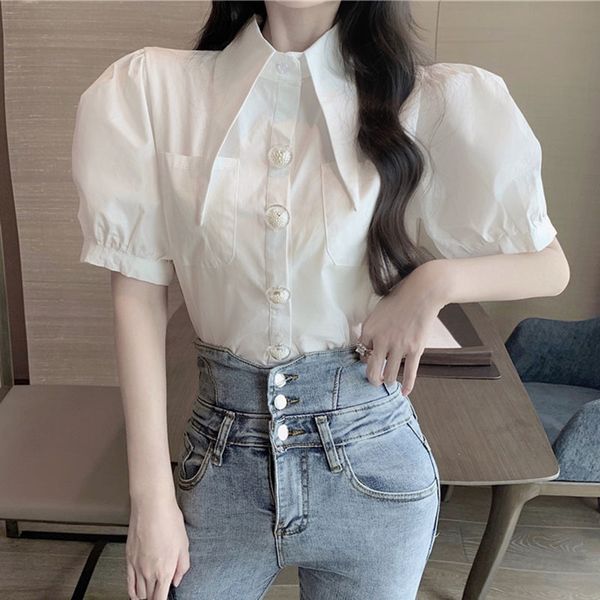 

women's knits & tees summer women shirts pearl buttons loose luxury short sleeve white school casual elegant turn down ladies