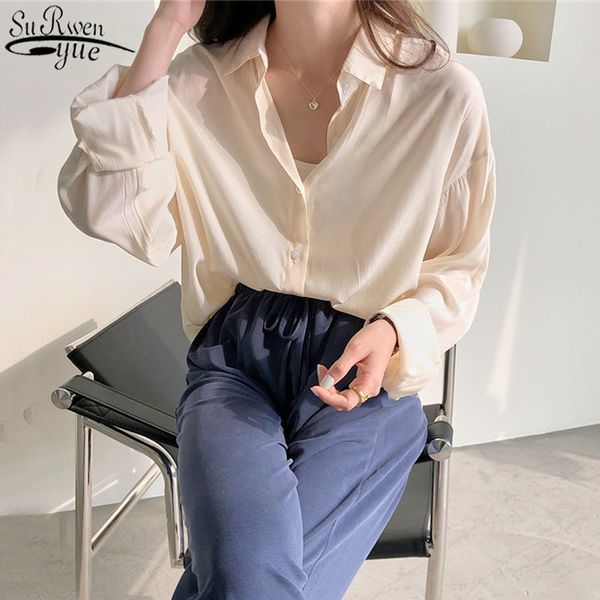 

spring fashion plus size vintage blouse women button up solid shirt apricot lady long sleeves female loose street shirts 13359 210417, White