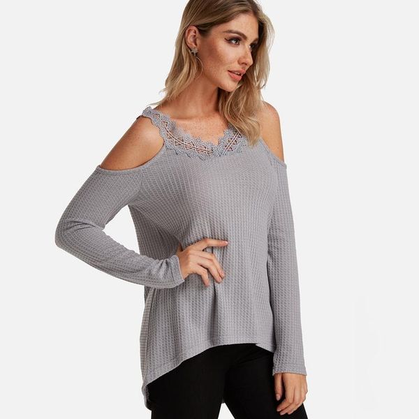 

women's blouses & shirts v-neck blouse women casual loose trim plain cold shoulder long sleeves patchwork lace pullover plus size, White