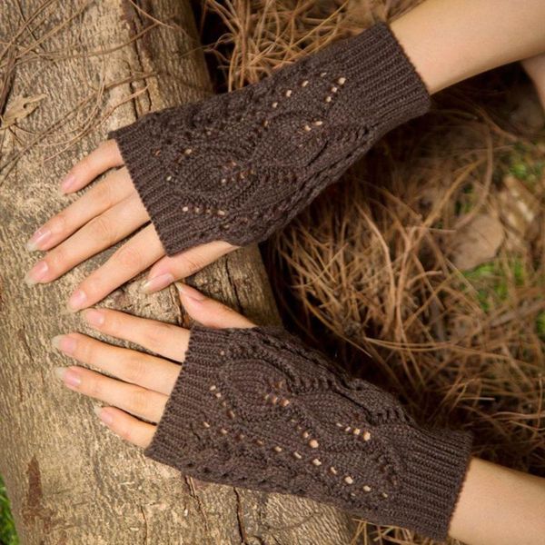 

five fingers gloves warm knitted fingerless hollow out leaves section knitting long wool winter mittens y7a0, Blue;gray