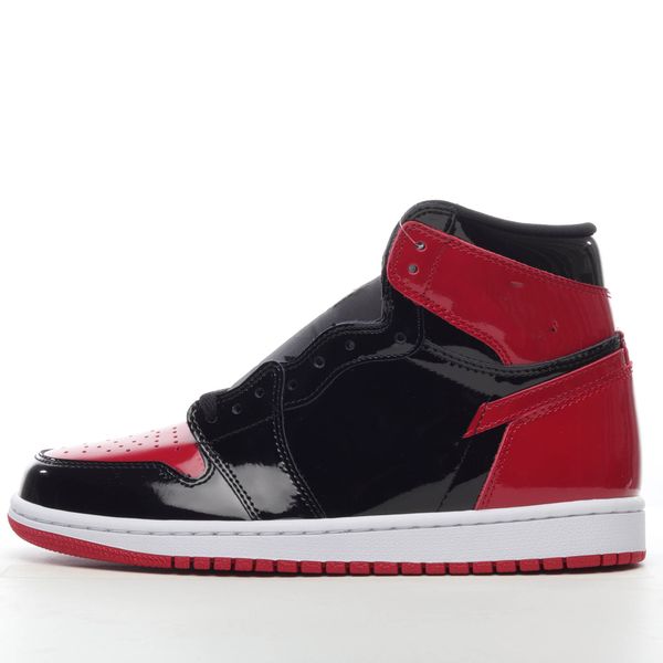

bred patent leather basketball shoes this jumpman 1 comes dressed in a black, white, and varsity red color combination