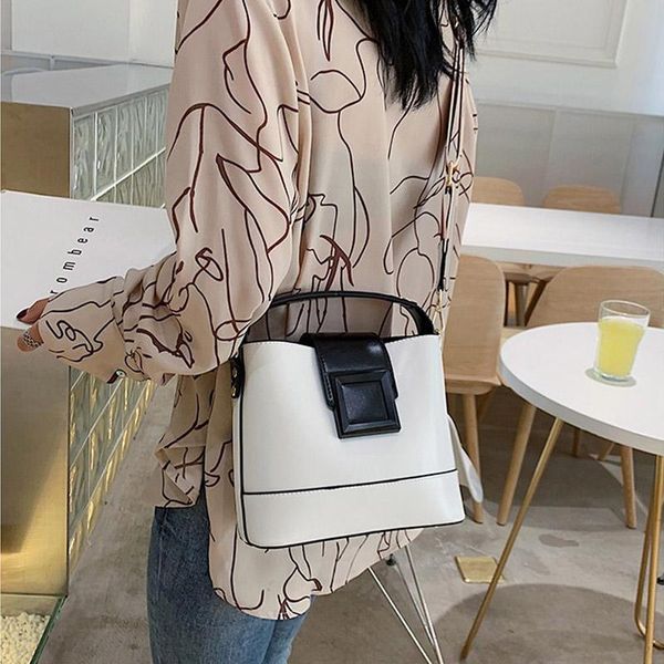 

boots fashion bucket bag leather women handle bags long strap shoulder, Black