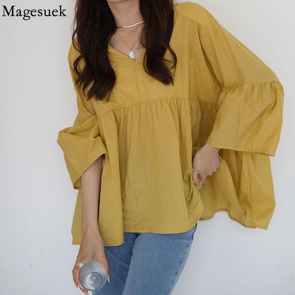 

women's blouses & shirts v neck casual pleated stitching shirt korean oversized blouse loose half sleeve spring female summer blusas 15, White