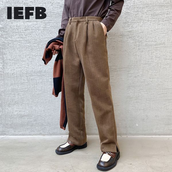 

iefb japannes streetwear fashion trousers dark plaid causal pants men's thickened split spring autumn straight pants 9y4447 210524, Black
