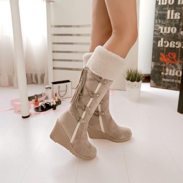 

boots fashion 2021 knee high women spring and autumn wedge heel lace up snow casual keep warm, Black
