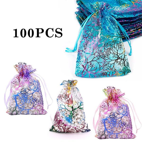 

gift wrap 100pcs/set wedding party candy bags jewelry packaging bag coral pattern organza drawstring pouches gauze yarn 7x9cm